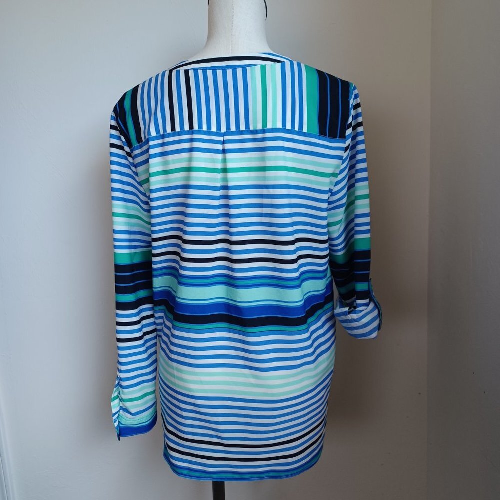 Talbots Blouse Stripe Roll Tab Sleeve Tunic Length Size Large - Picture 8 of 16